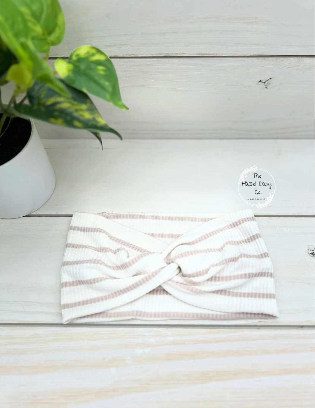 Ribbed Cream Beige Stripe Front Knot Headband