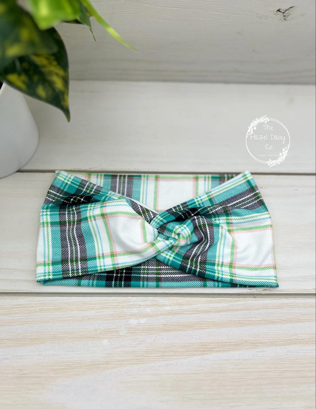 Jade Green Plaid Front Knot Headband