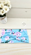 Load image into Gallery viewer, Pink Purple Floral on Aqua Front Knot Headband
