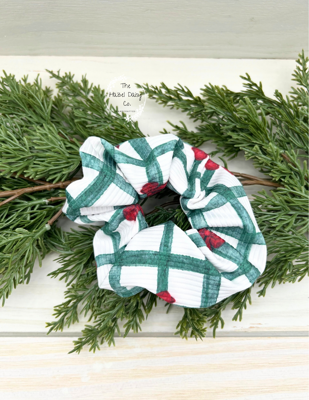 Ribbed Christmas Plaid and Bows Scrunchie
