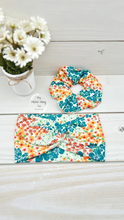 Load image into Gallery viewer, Teal Orange Green Flowers Scrunchie
