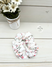 Load image into Gallery viewer, Pink Coral Purple Floral on Ivory Scrunchie
