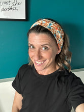 Load image into Gallery viewer, Ribbed Retro Flowers Blue and Orange on Ivory Front Knot Headband
