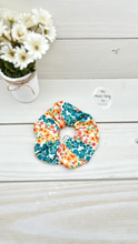 Load image into Gallery viewer, Teal Orange Green Flowers Scrunchie
