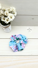 Load image into Gallery viewer, Pink Purple Floral on Aqua Scrunchie
