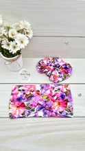 Load image into Gallery viewer, Pink Purple Watercolor Flowers Scrunchie
