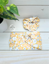 Load image into Gallery viewer, Mustard Floral and Leaves Scrunchie
