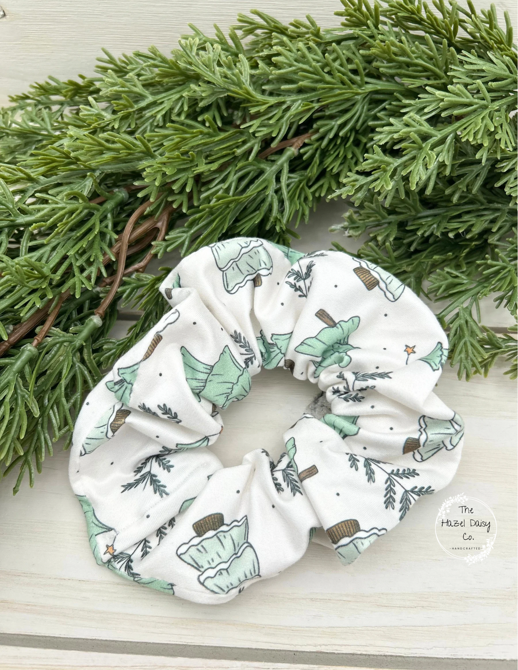 Snowy Evergreen Trees Scrunchie