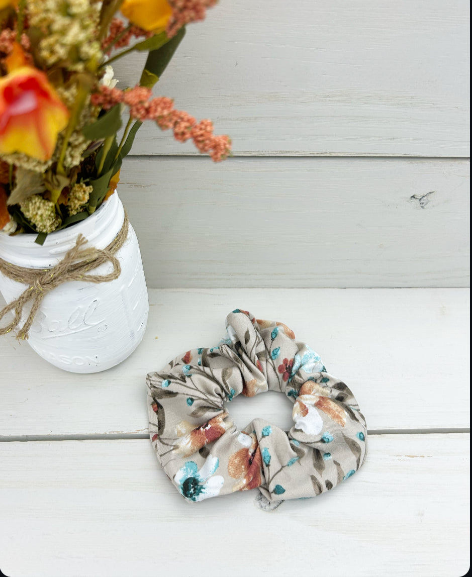 Rust Teal Tan Botanical Scrunchie