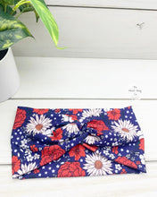 Load image into Gallery viewer, Patriotic Daisies Roses Front Knot Headband
