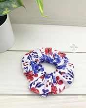 Load image into Gallery viewer, Patriotic Flowers on White Scrunchie
