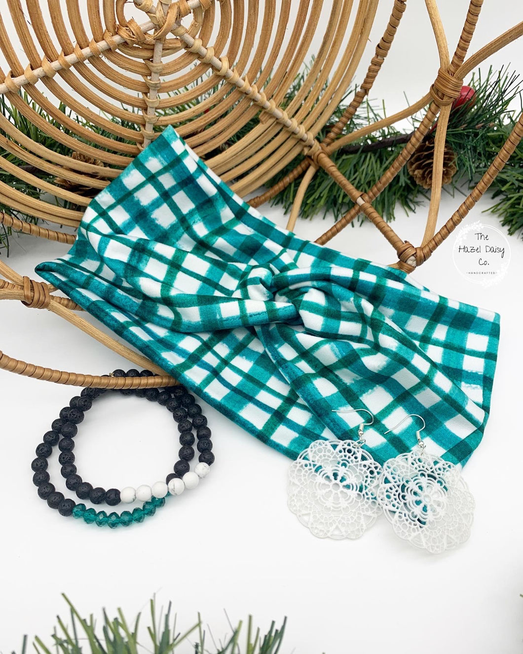 Hunter Green and White Plaid Front Knot Headband