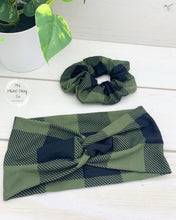Load image into Gallery viewer, Olive Buffalo Plaid Front Knot Headband
