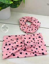 Load image into Gallery viewer, Black Hearts on Pink Scrunchie
