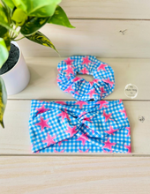 Load image into Gallery viewer, Blue Gingham Pink Star Front Knot Headband
