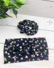 Load image into Gallery viewer, Summer Flowers on Black Scrunchie
