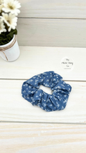 Load image into Gallery viewer, Ribbed Denim Blue Bouquets Scrunchie
