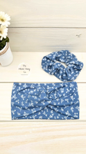Load image into Gallery viewer, Ribbed Denim Blue Bouquets Scrunchie
