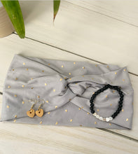 Load image into Gallery viewer, Gray with Gold Hearts Front Knot Headband
