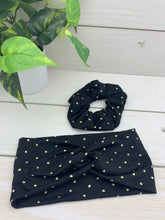 Load image into Gallery viewer, Black with Gold Hearts Front Knot Headband
