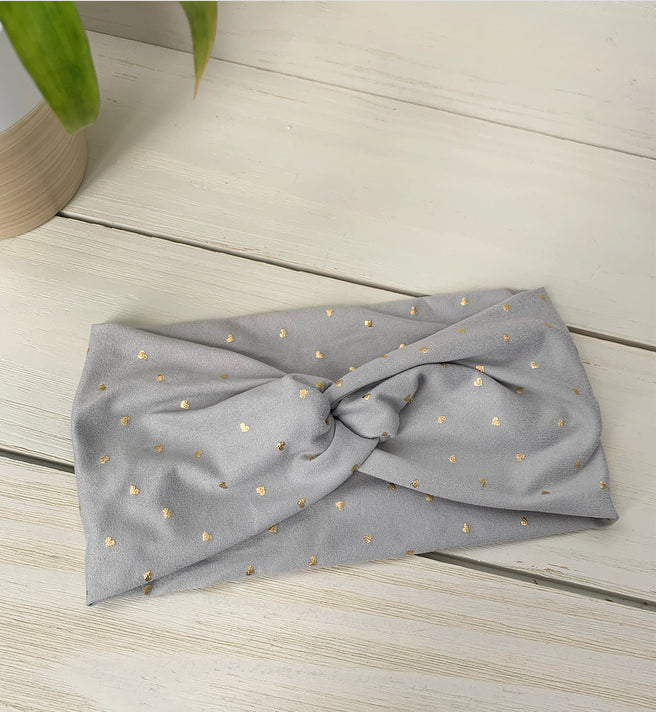 Gray with Gold Hearts Front Knot Headband