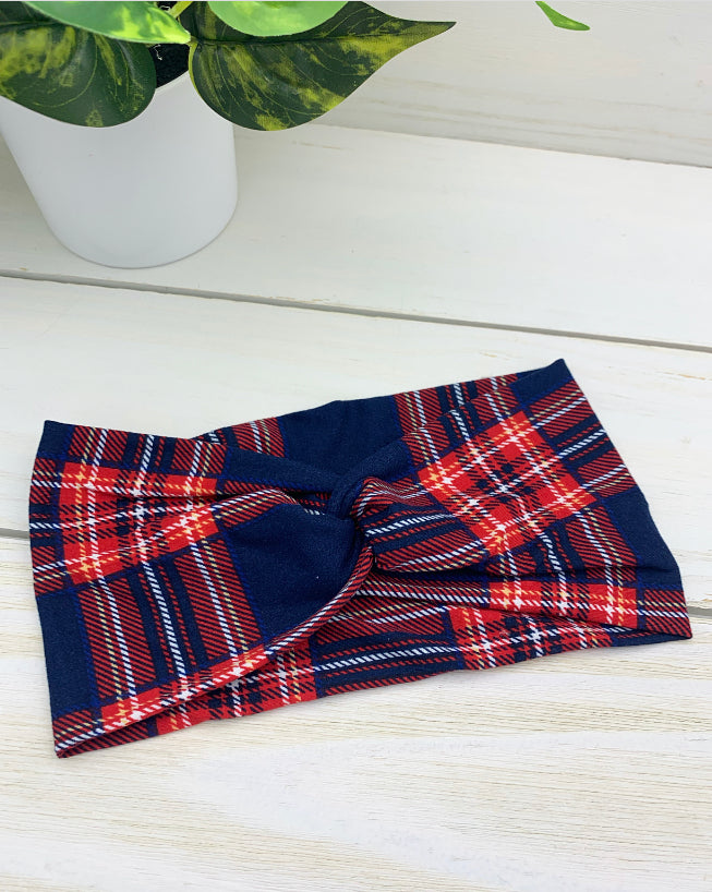 Red Navy Plaid Front Knot Headband