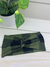 Load image into Gallery viewer, Olive Buffalo Plaid Front Knot Headband
