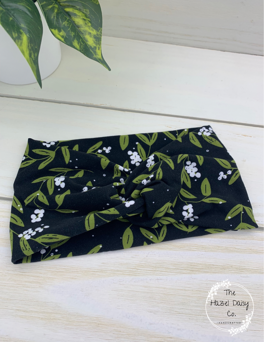 Olive Branches on Black Front Knot Headband